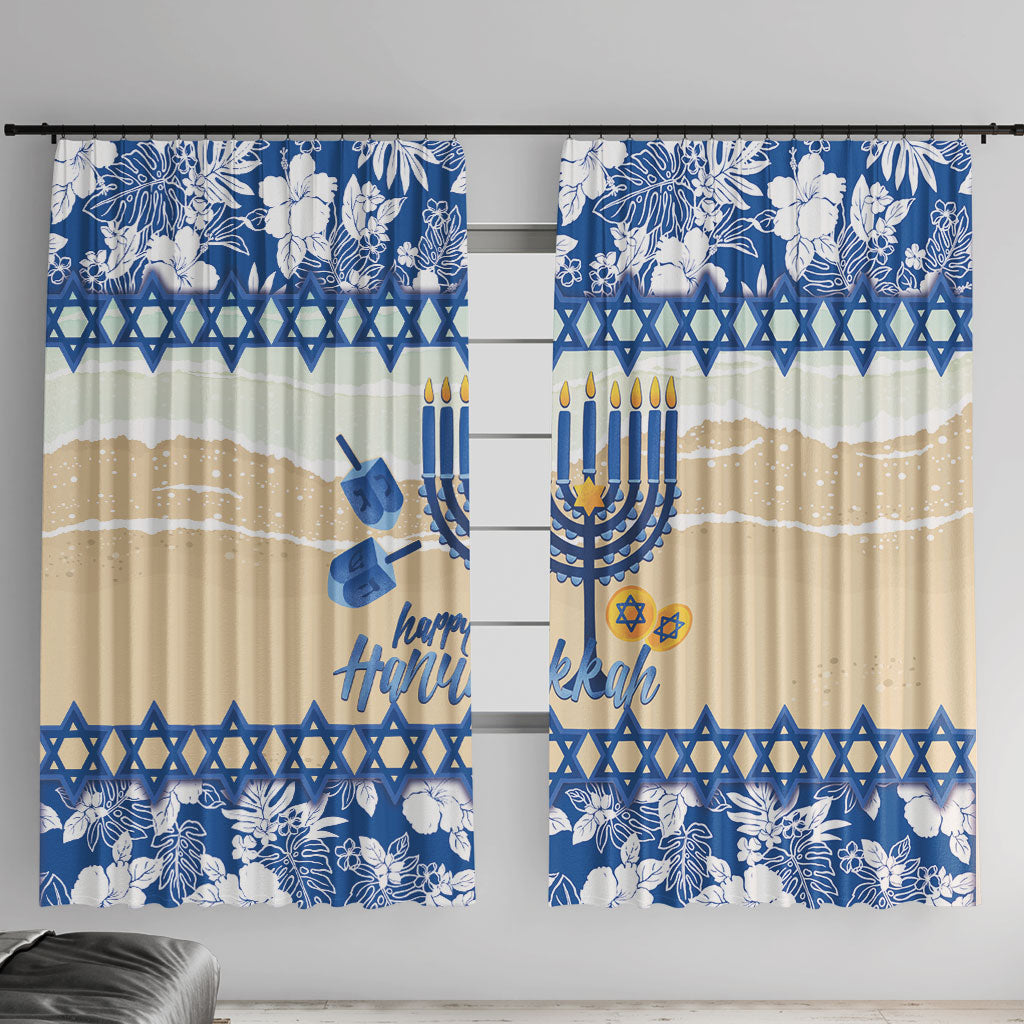 Chanukah Jewish Hawaii Window Curtain Festival of Lights Hanukkah Menorah Tropical Flowers LT14 With Hooks Blue - Polynesian Pride