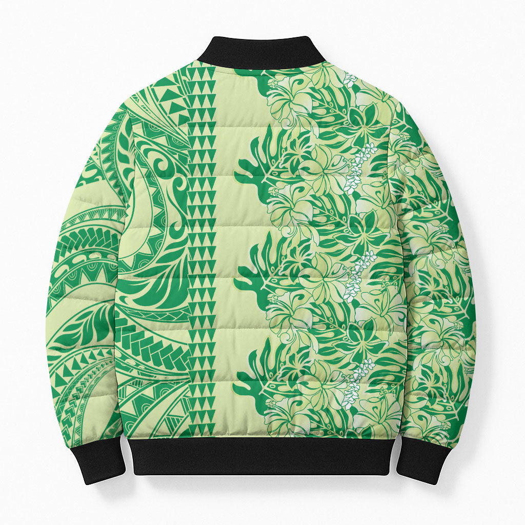Lime Green Hibiscus Monstera Seamless Kakau Hawaii Bomber Puffer Jacket LT14 - Polynesian Pride