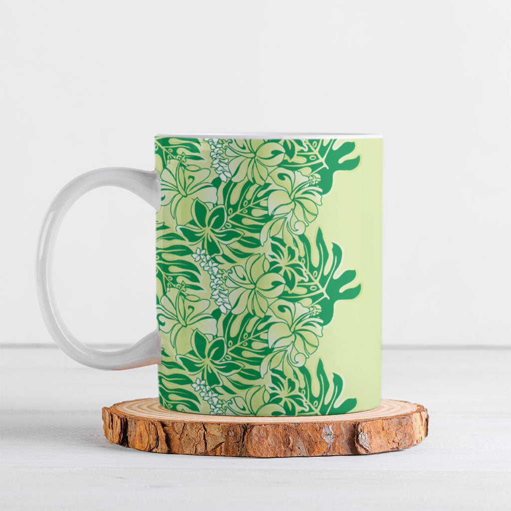 Lime Green Hibiscus Monstera Seamless Kakau Hawaii Ceramic Mug LT14 Lime Green - Polynesian Pride