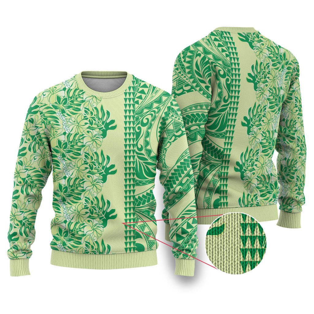 Lime Green Hibiscus Monstera Seamless Kakau Hawaii Ugly Christmas Sweater
