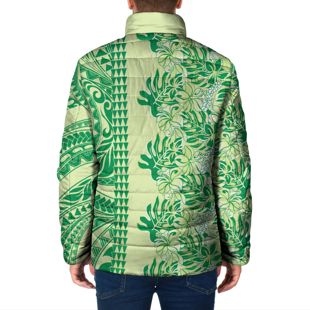 Lime Green Hibiscus Monstera Seamless Kakau Hawaii Padded Jacket LT14 - Polynesian Pride