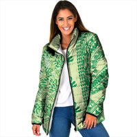 Lime Green Hibiscus Monstera Seamless Kakau Hawaii Padded Jacket LT14 Women Lime Green - Polynesian Pride