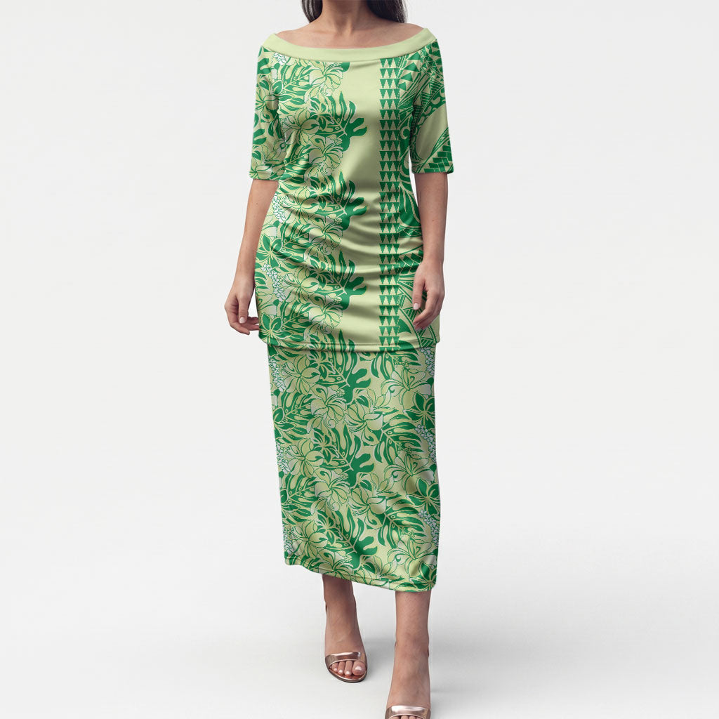 Lime Green Hibiscus Monstera Seamless Kakau Hawaii Puletasi LT14 Long Dress Lime Green - Polynesian Pride