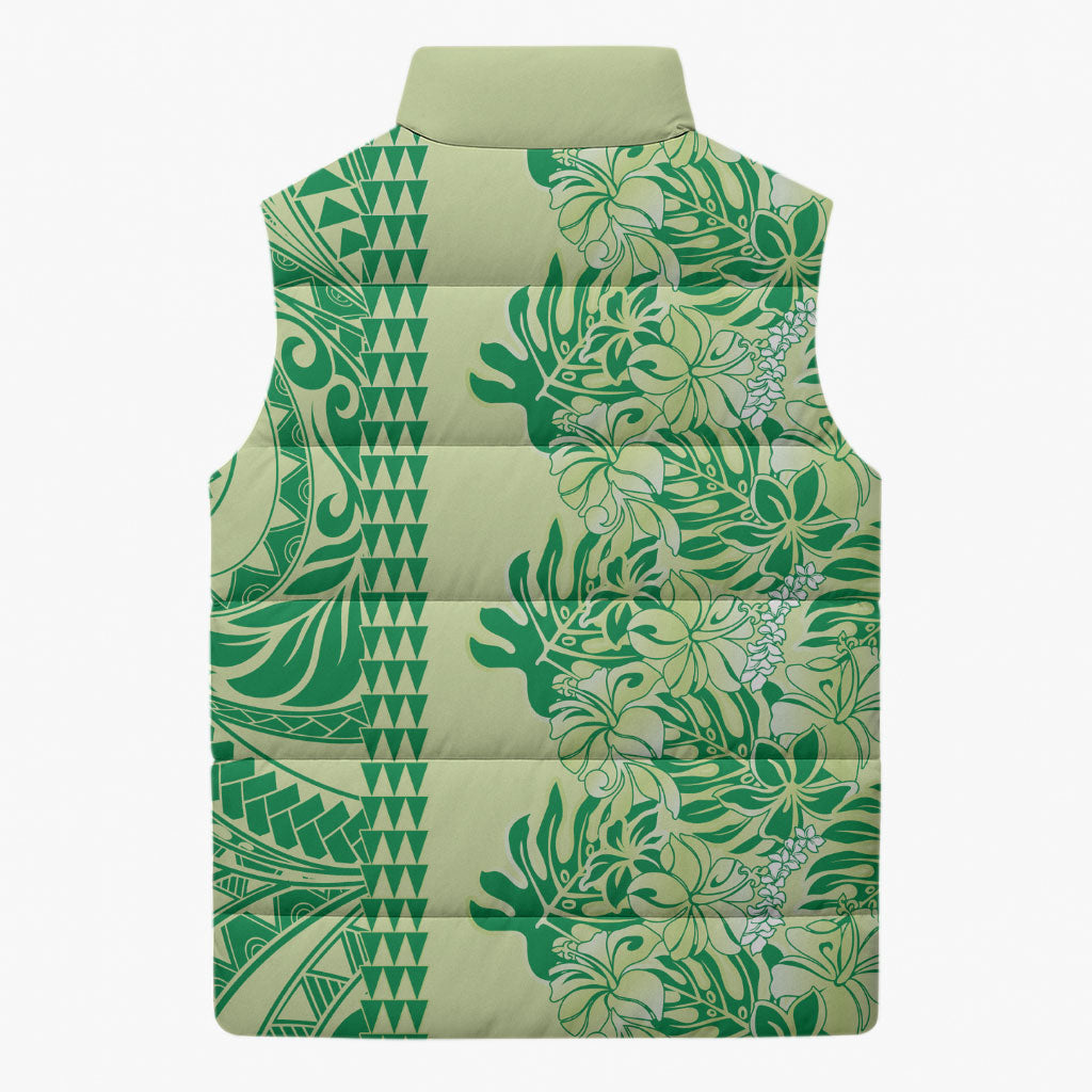 Lime Green Hibiscus Monstera Seamless Kakau Hawaii Sleeveless Puffer Jacket LT14 - Polynesian Pride