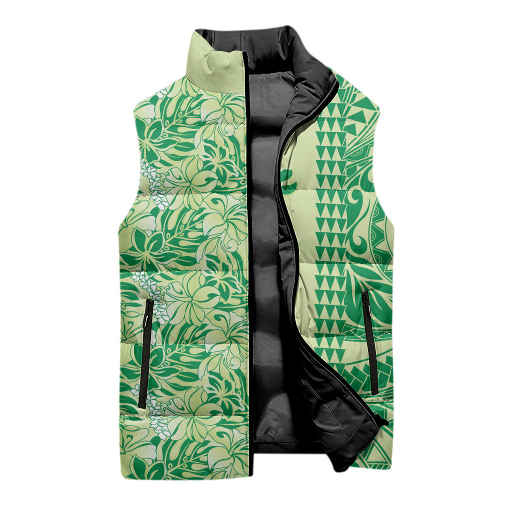 Lime Green Hibiscus Monstera Seamless Kakau Hawaii Sleeveless Puffer Jacket LT14 - Polynesian Pride