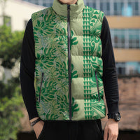 Lime Green Hibiscus Monstera Seamless Kakau Hawaii Sleeveless Puffer Jacket LT14 - Polynesian Pride