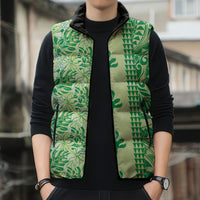 Lime Green Hibiscus Monstera Seamless Kakau Hawaii Sleeveless Puffer Jacket LT14 - Polynesian Pride