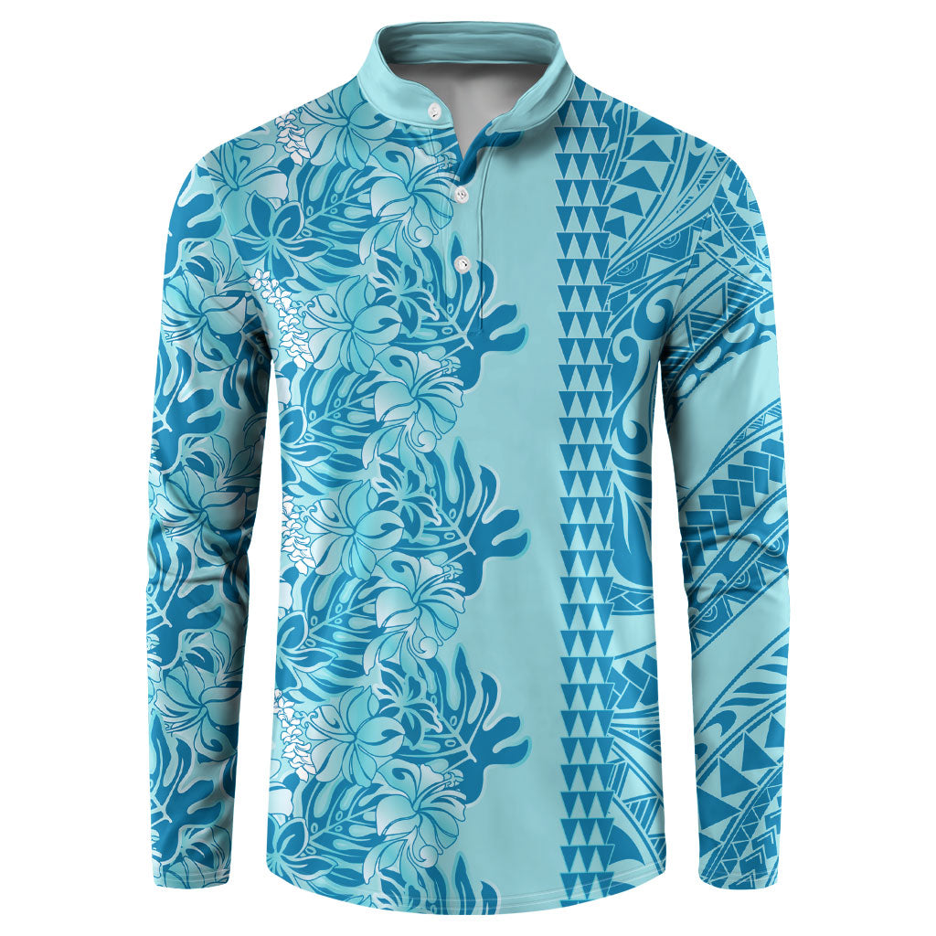 Cyan Hibiscus Monstera Seamless Kakau Hawaii Button Sweatshirt LT14 Cyan - Polynesian Pride