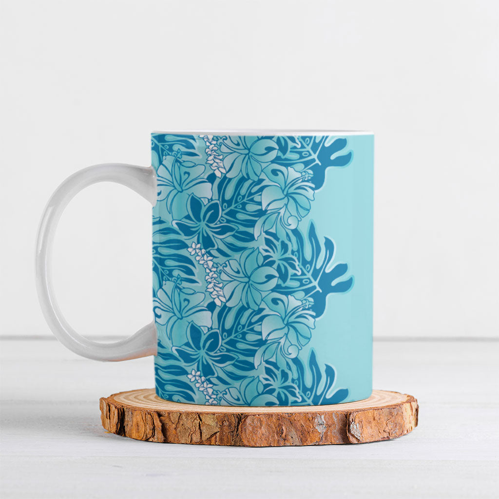 Cyan Hibiscus Monstera Seamless Kakau Hawaii Ceramic Mug LT14 Cyan - Polynesian Pride