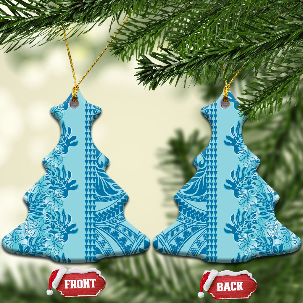 Cyan Hibiscus Monstera Seamless Kakau Hawaii Ceramic Ornament