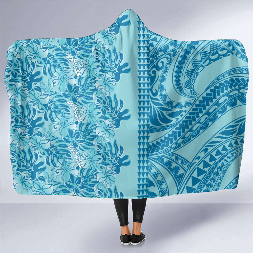 Cyan Hibiscus Monstera Seamless Kakau Hawaii Hooded Blanket LT14 One Size Cyan - Polynesian Pride