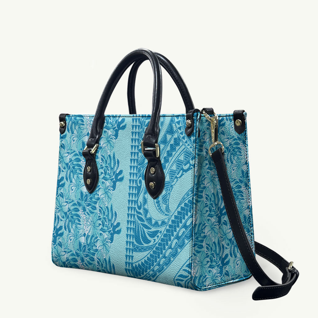 Cyan Hibiscus Monstera Seamless Kakau Hawaii Leather Bag LT14 Cyan - Polynesian Pride