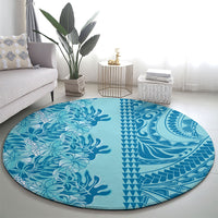 Cyan Hibiscus Monstera Seamless Kakau Hawaii Round Carpet LT14 - Polynesian Pride