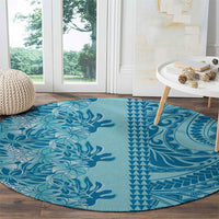 Cyan Hibiscus Monstera Seamless Kakau Hawaii Round Carpet LT14 - Polynesian Pride