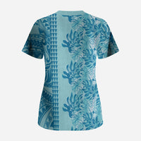 Cyan Hibiscus Monstera Seamless Kakau Hawaii Scrub Top LT14 - Polynesian Pride