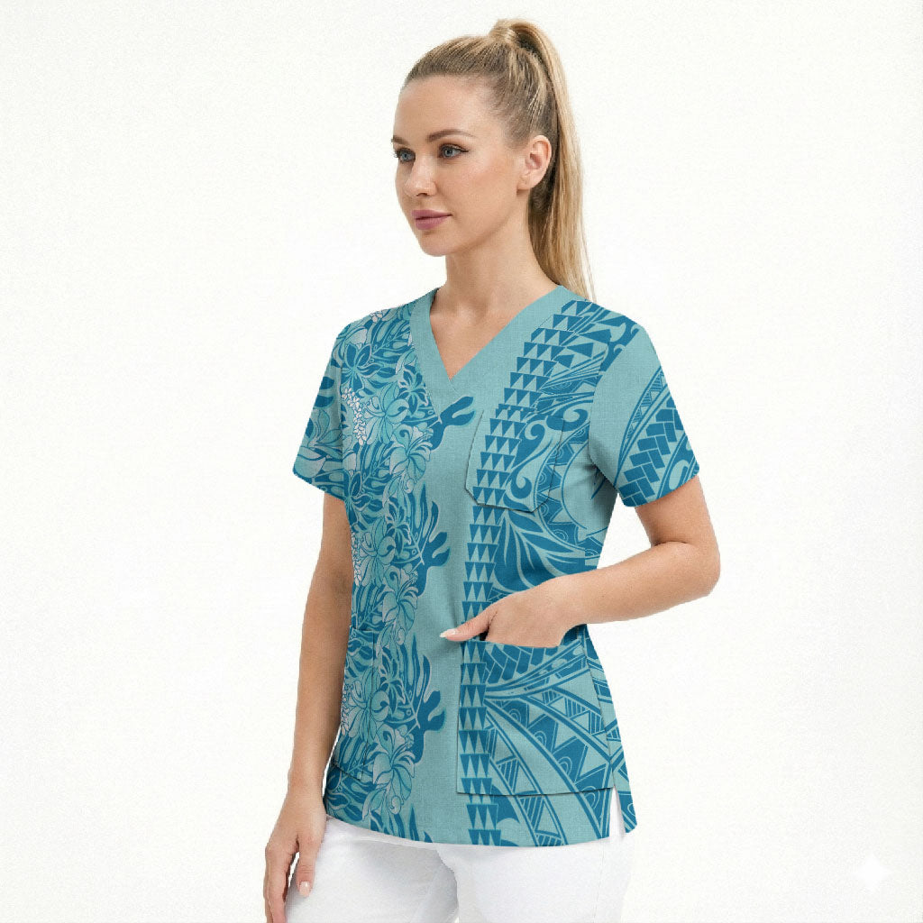 Cyan Hibiscus Monstera Seamless Kakau Hawaii Scrub Top LT14 - Polynesian Pride
