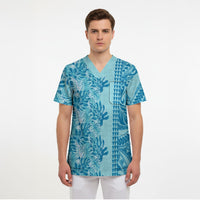Cyan Hibiscus Monstera Seamless Kakau Hawaii Scrub Top LT14 - Polynesian Pride