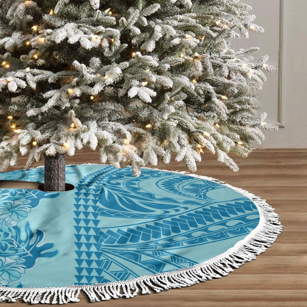 Cyan Hibiscus Monstera Seamless Kakau Hawaii Tree Skirt LT14 - Polynesian Pride