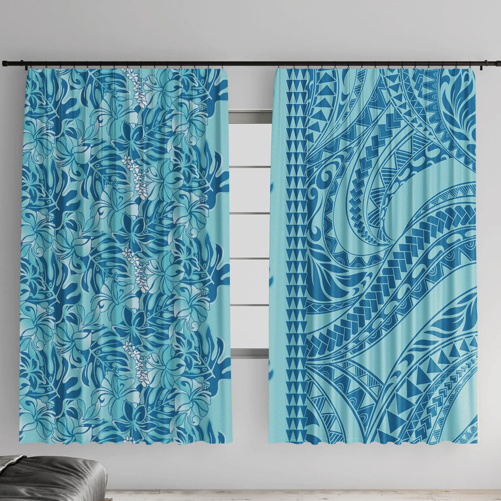Cyan Hibiscus Monstera Seamless Kakau Hawaii Window Curtain LT14 With Hooks Cyan - Polynesian Pride