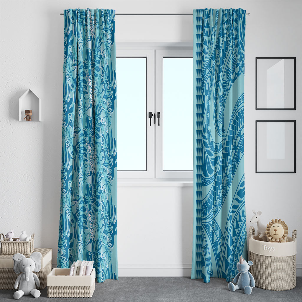 Cyan Hibiscus Monstera Seamless Kakau Hawaii Window Curtain LT14 - Polynesian Pride