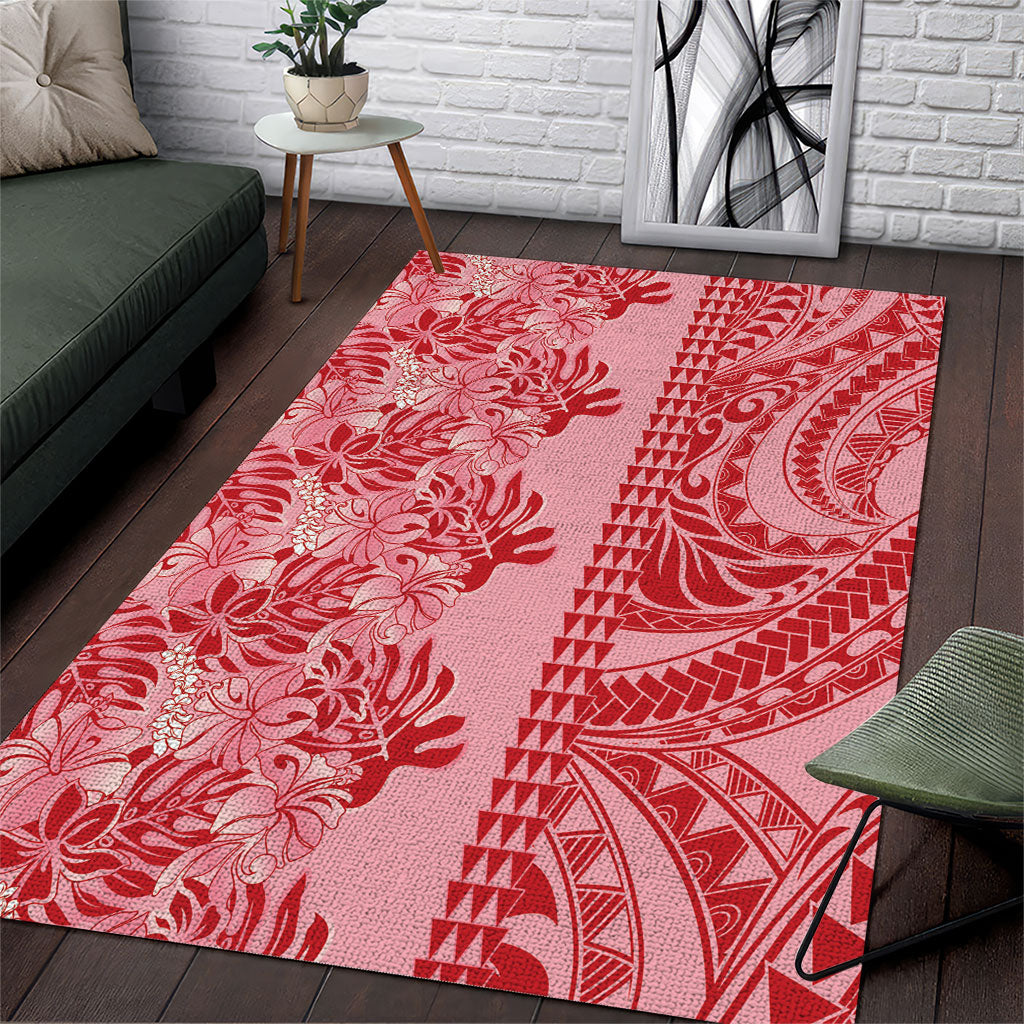 Red Hibiscus Monstera Seamless Kakau Hawaii Area Rug
