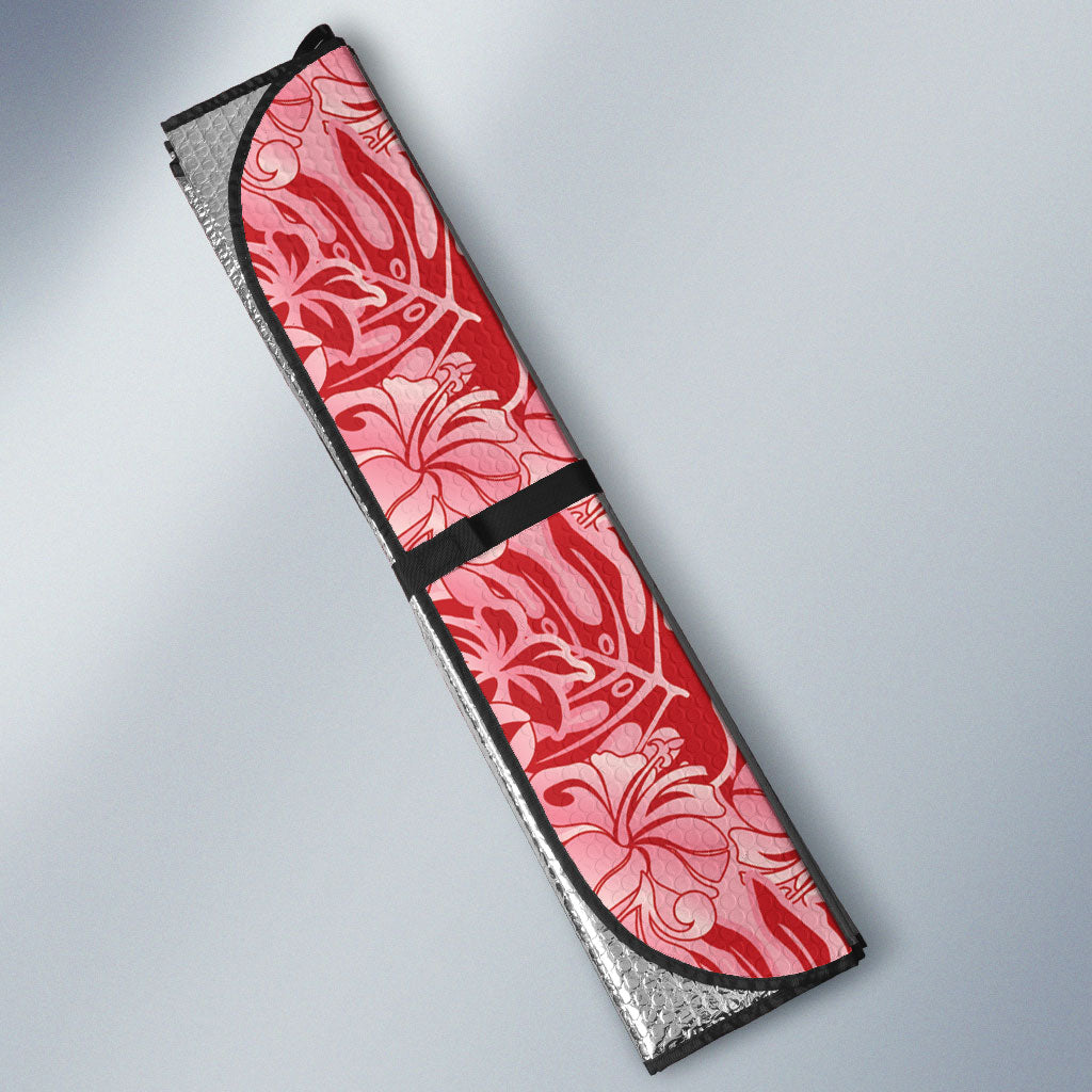 Red Hibiscus Monstera Seamless Kakau Hawaii Auto Sun Shade LT14 - Polynesian Pride