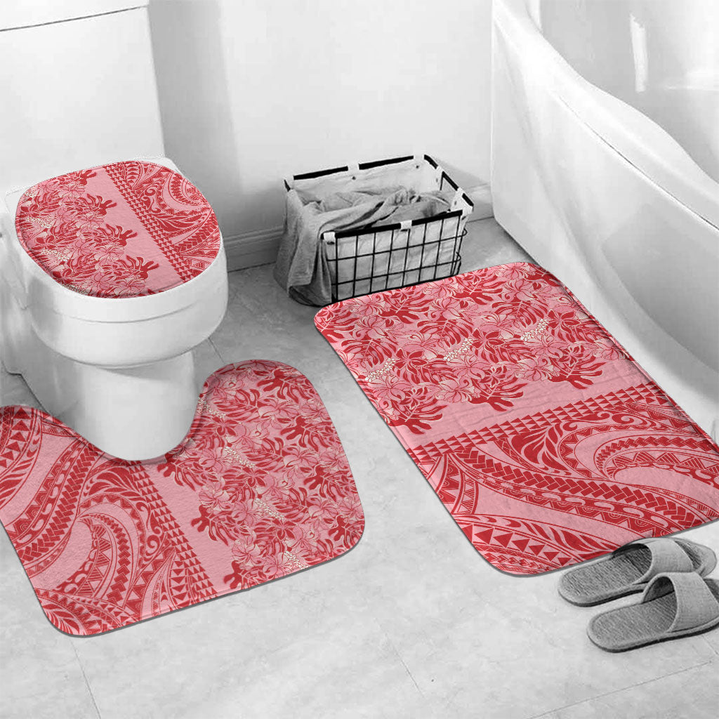 Red Hibiscus Monstera Seamless Kakau Hawaii Bathroom Set LT14 Mat Set Only (3 pcs) One Size Red - Polynesian Pride