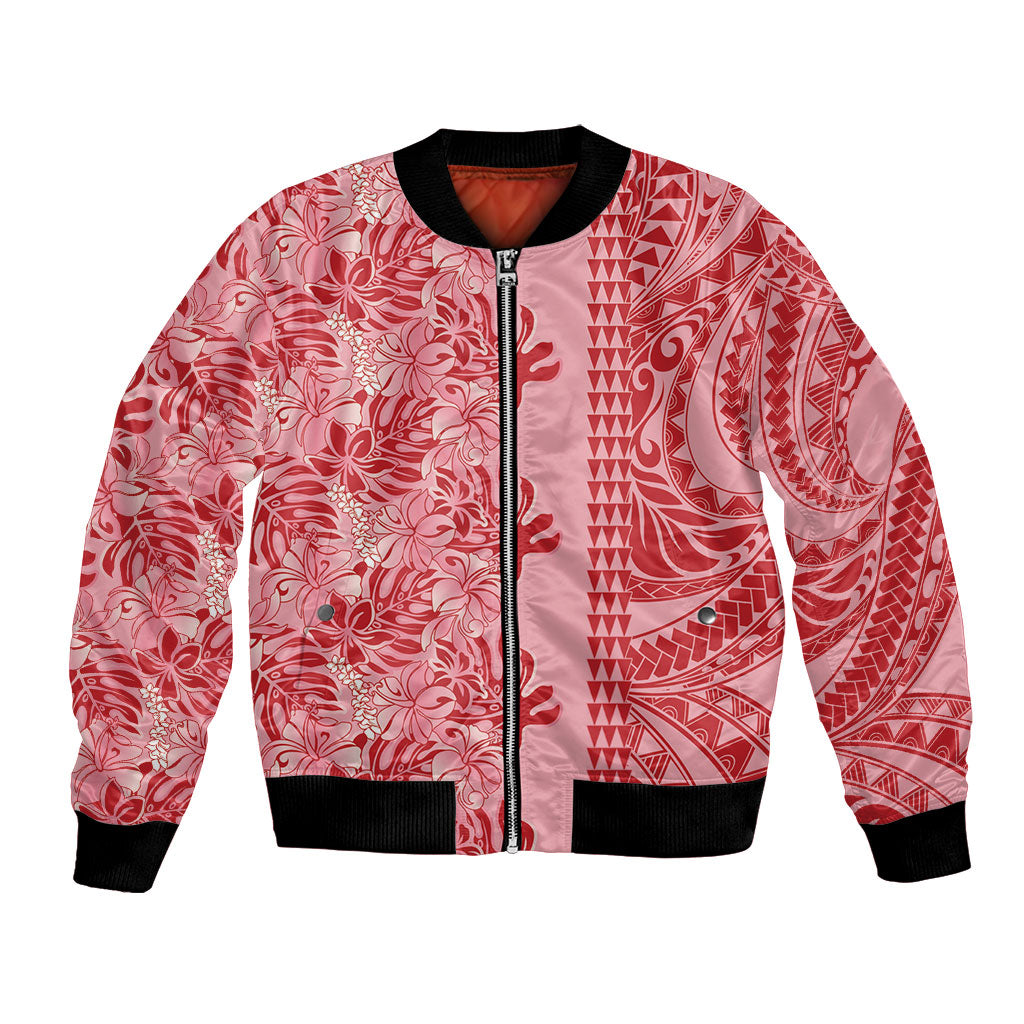 Red Hibiscus Monstera Seamless Kakau Hawaii Bomber Jacket LT14 Unisex Red - Polynesian Pride