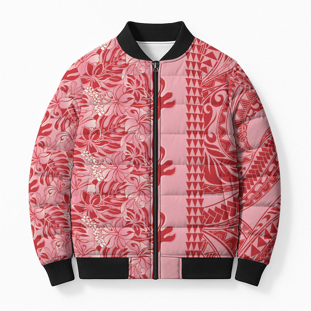 Red Hibiscus Monstera Seamless Kakau Hawaii Bomber Puffer Jacket LT14 Unisex Red - Polynesian Pride