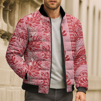 Red Hibiscus Monstera Seamless Kakau Hawaii Bomber Puffer Jacket