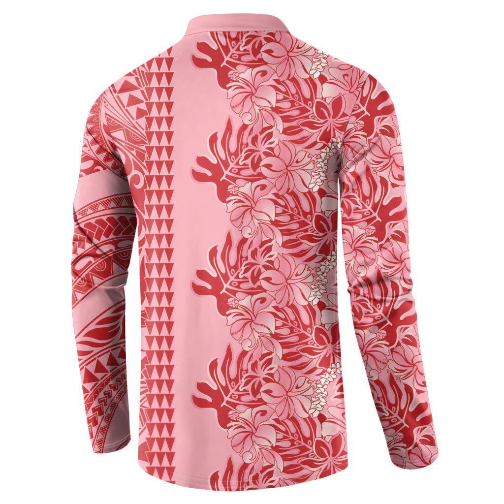 Red Hibiscus Monstera Seamless Kakau Hawaii Button Sweatshirt LT14 - Polynesian Pride