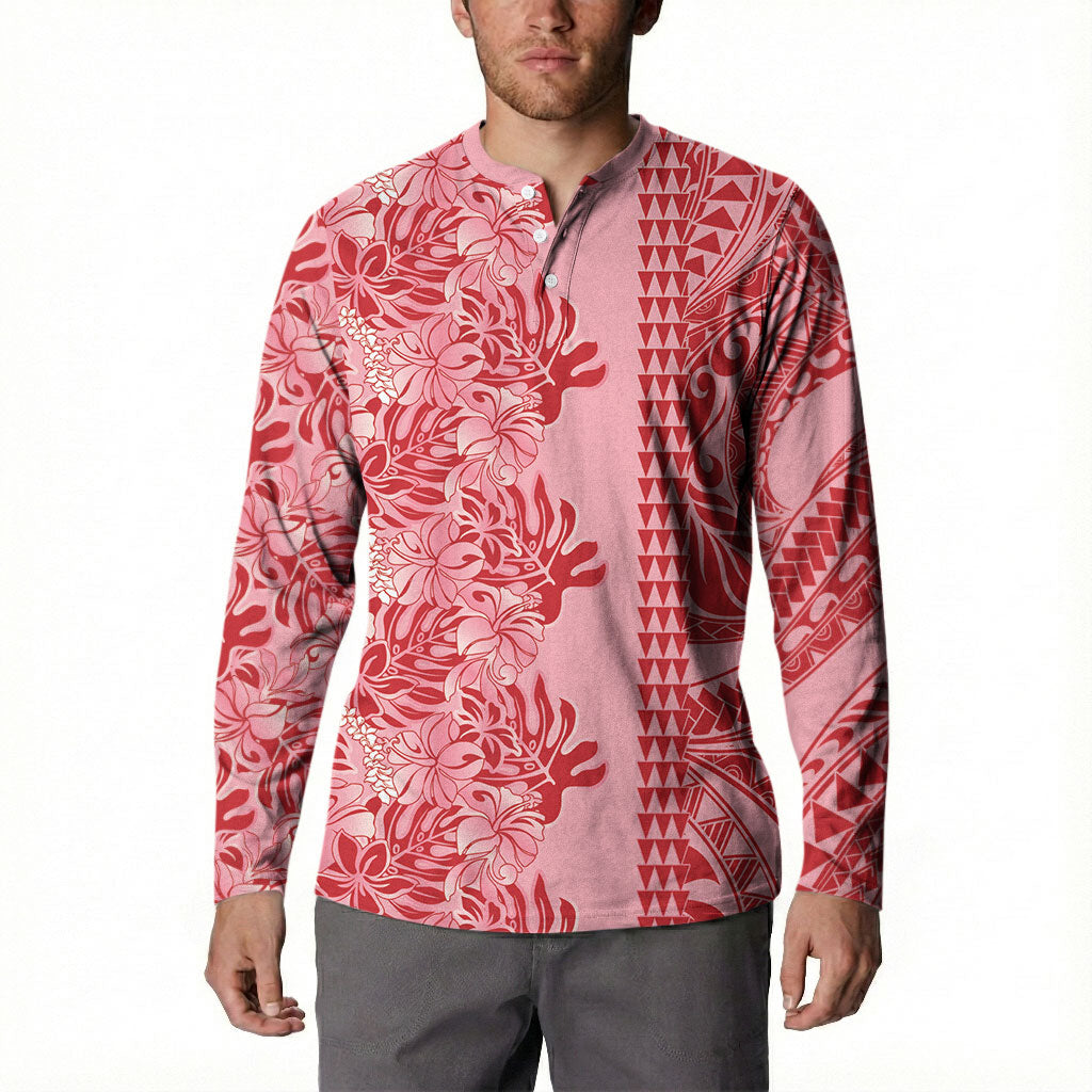 Red Hibiscus Monstera Seamless Kakau Hawaii Button Sweatshirt LT14 - Polynesian Pride