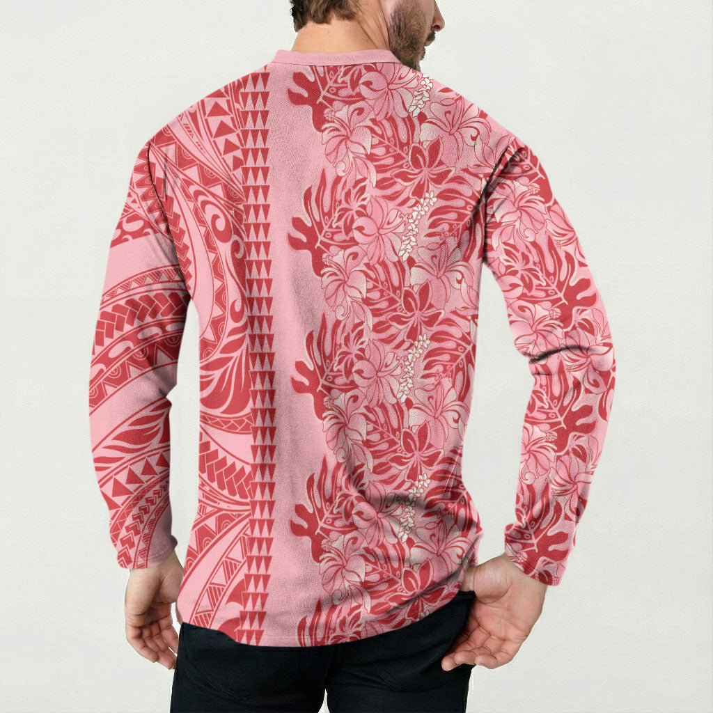 Red Hibiscus Monstera Seamless Kakau Hawaii Button Sweatshirt LT14 - Polynesian Pride