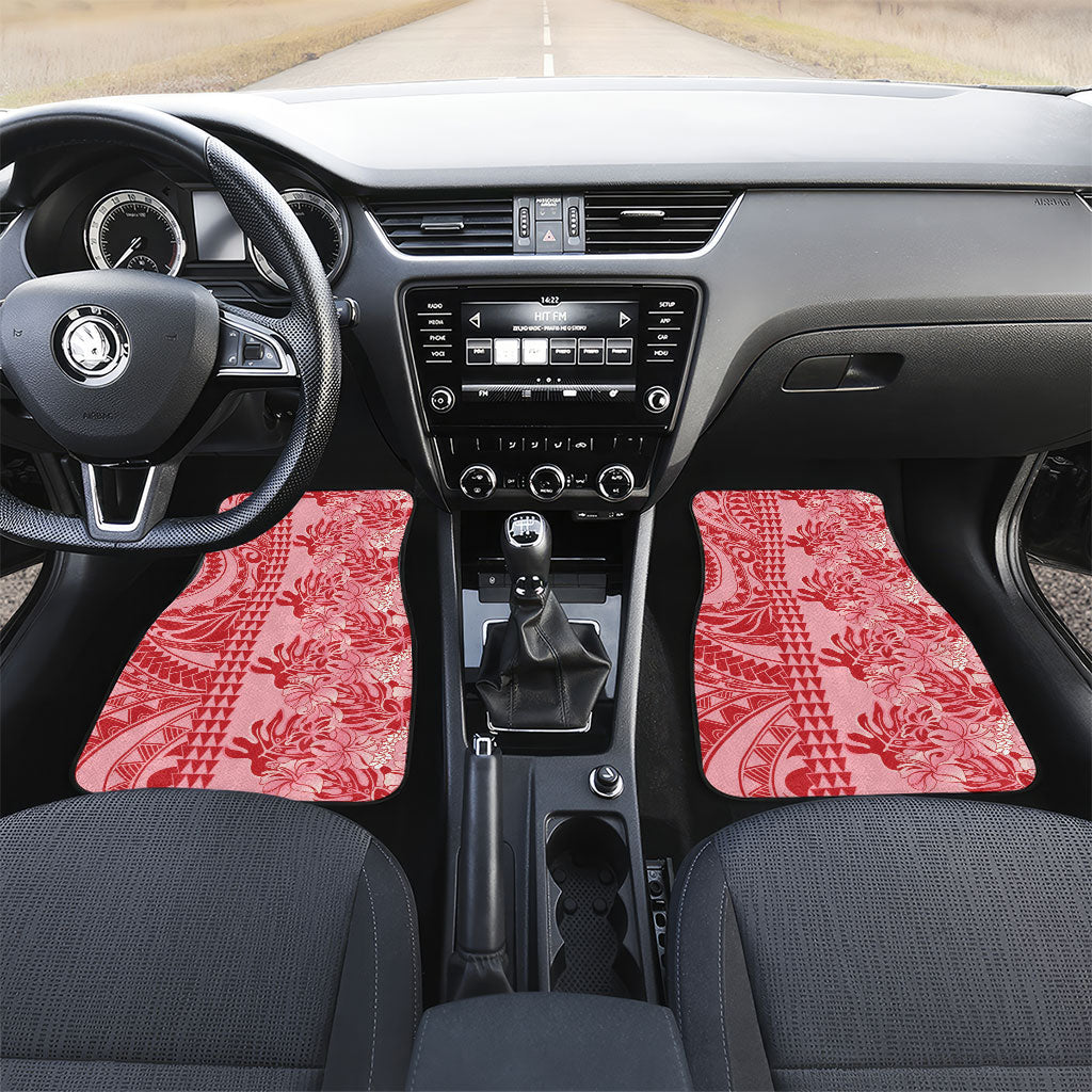 Red Hibiscus Monstera Seamless Kakau Hawaii Car Mats LT14 Set 2pcs - Front Red - Polynesian Pride