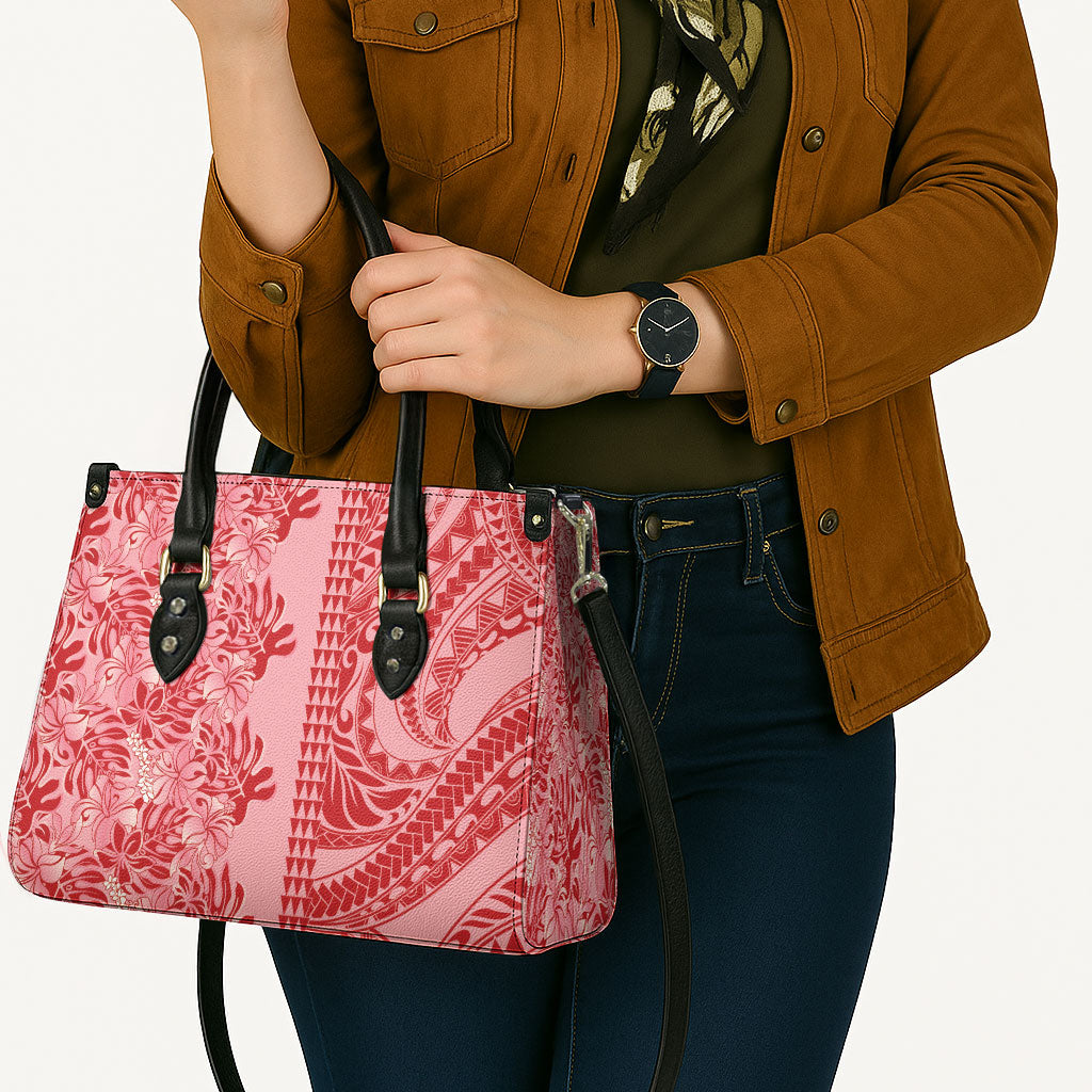 Red Hibiscus Monstera Seamless Kakau Hawaii Leather Bag LT14 - Polynesian Pride