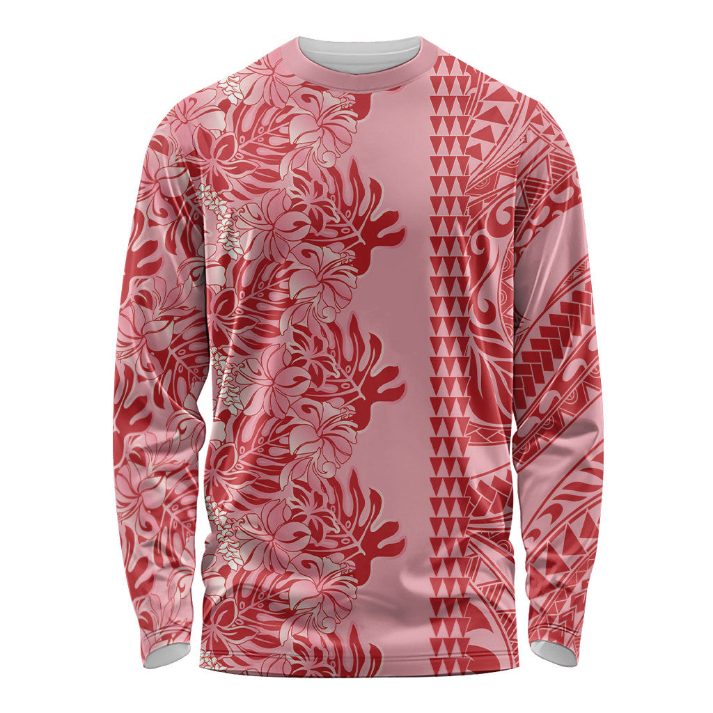 Red Hibiscus Monstera Seamless Kakau Hawaii Long Sleeve Shirt LT14 Unisex Red - Polynesian Pride
