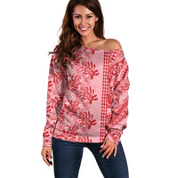 Red Hibiscus Monstera Seamless Kakau Hawaii Off Shoulder Sweater