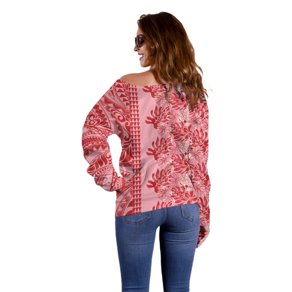 Red Hibiscus Monstera Seamless Kakau Hawaii Off Shoulder Sweater
