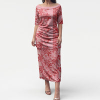 Red Hibiscus Monstera Seamless Kakau Hawaii Puletasi LT14 Long Dress Red - Polynesian Pride