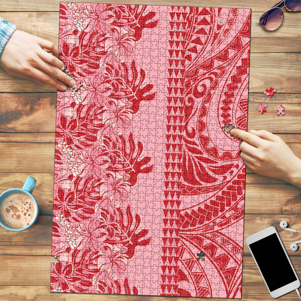 Red Hibiscus Monstera Seamless Kakau Hawaii Puzzle LT14 Red - Polynesian Pride