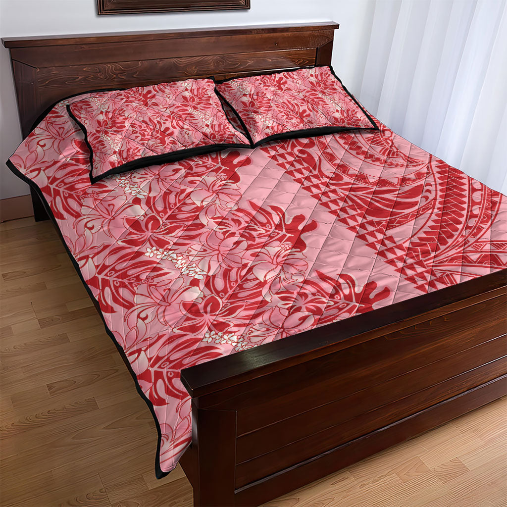 Red Hibiscus Monstera Seamless Kakau Hawaii Quilt Bed Set LT14 - Polynesian Pride