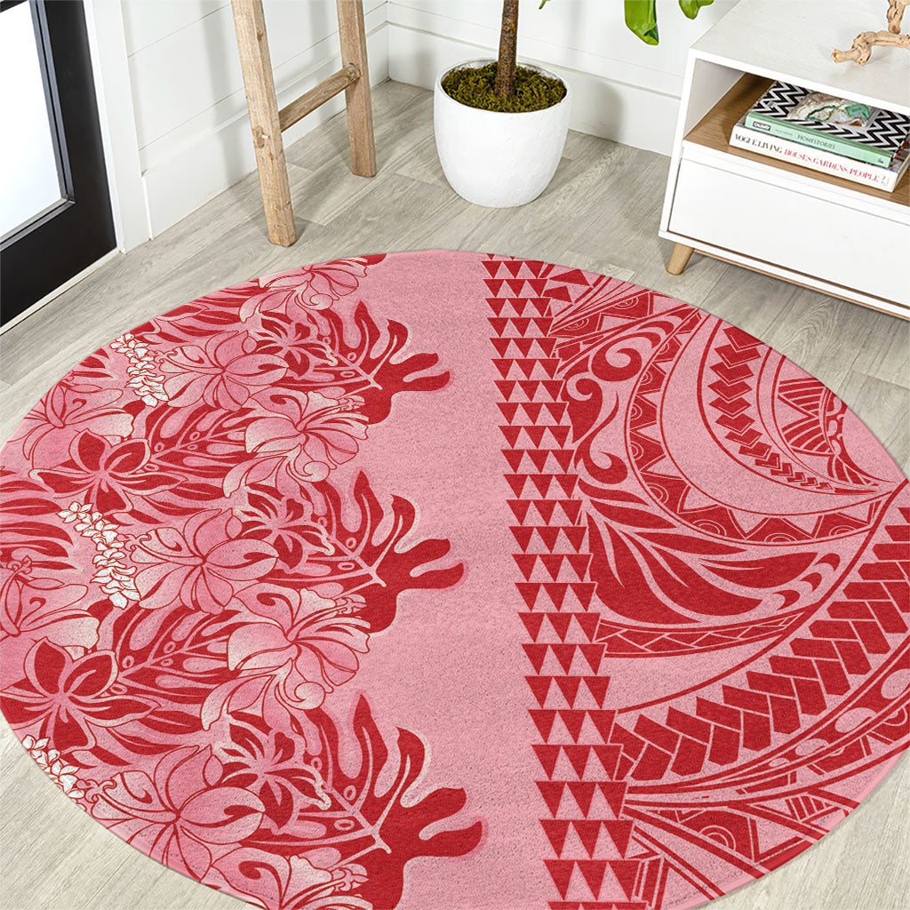 Red Hibiscus Monstera Seamless Kakau Hawaii Round Carpet