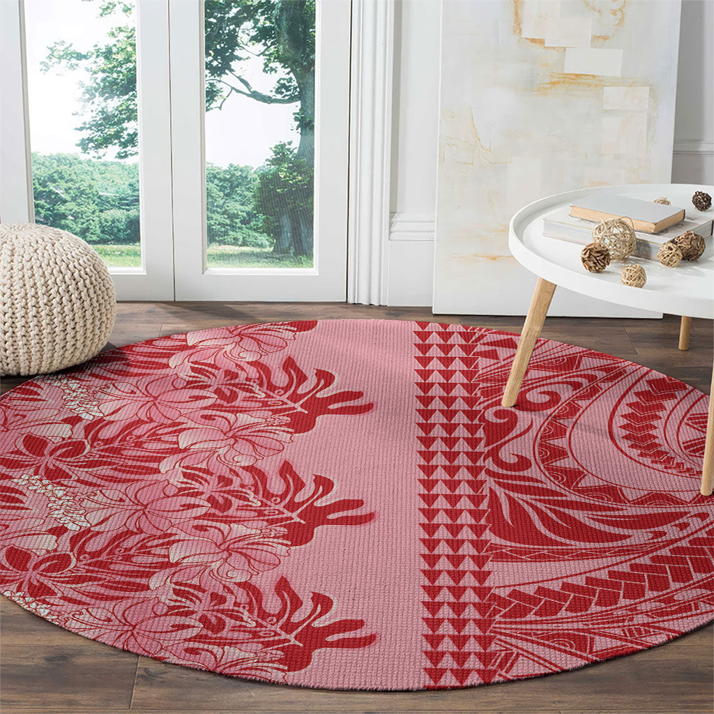 Red Hibiscus Monstera Seamless Kakau Hawaii Round Carpet