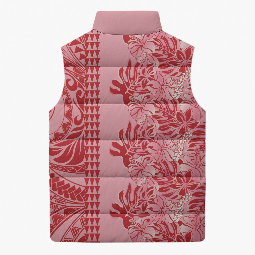 Red Hibiscus Monstera Seamless Kakau Hawaii Sleeveless Puffer Jacket LT14 - Polynesian Pride