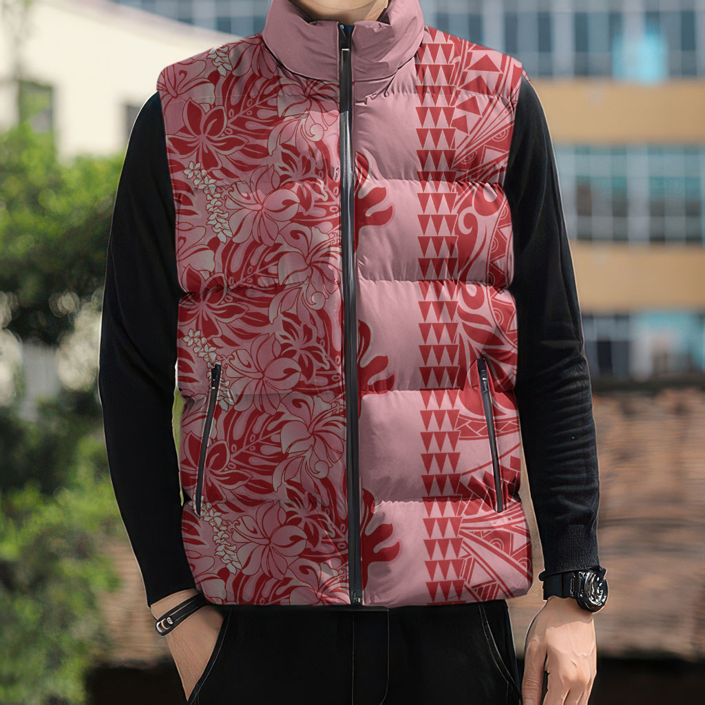 Red Hibiscus Monstera Seamless Kakau Hawaii Sleeveless Puffer Jacket LT14 - Polynesian Pride