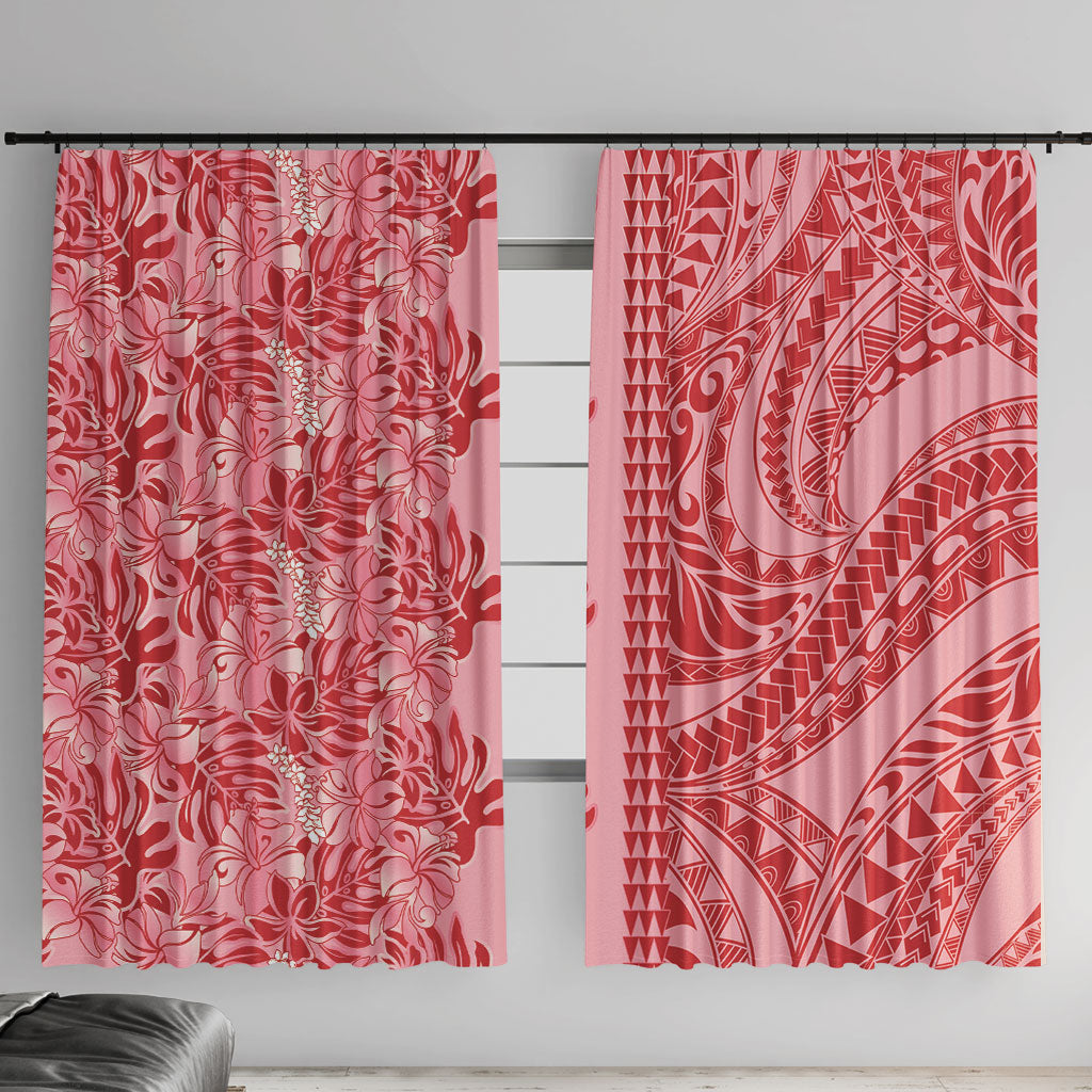 Red Hibiscus Monstera Seamless Kakau Hawaii Window Curtain LT14 With Hooks Red - Polynesian Pride