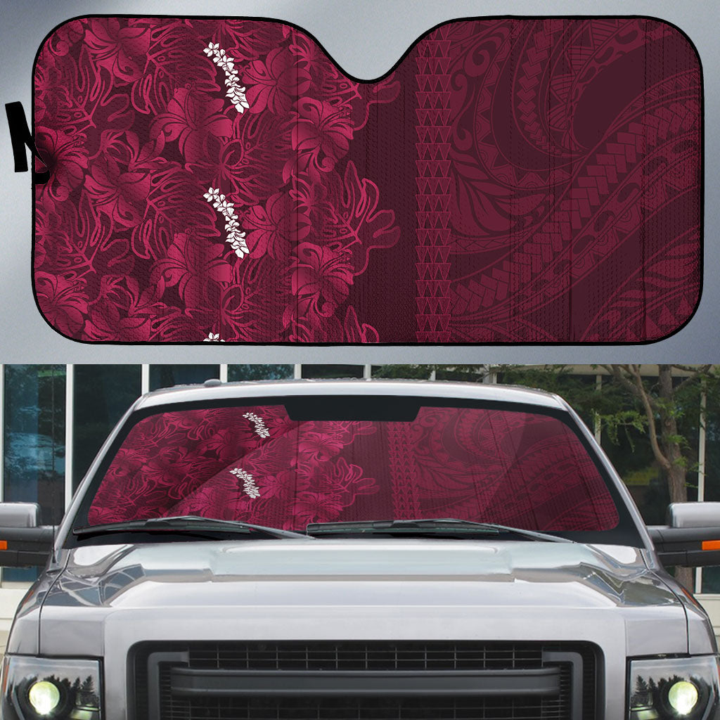 Burgundy Hibiscus Monstera Seamless Kakau Hawaii Auto Sun Shade LT14 Burgundy - Polynesian Pride