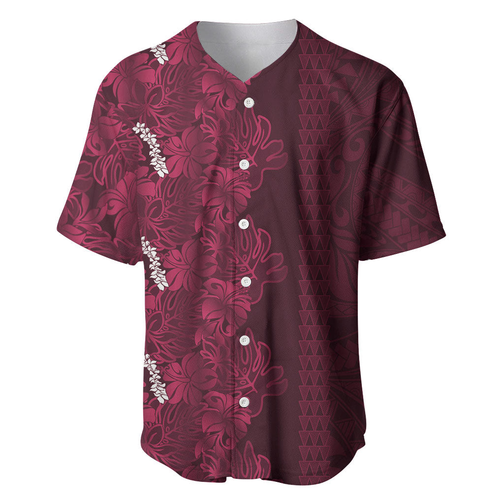 Burgundy Hibiscus Monstera Seamless Kakau Hawaii Baseball Jersey LT14 Burgundy - Polynesian Pride