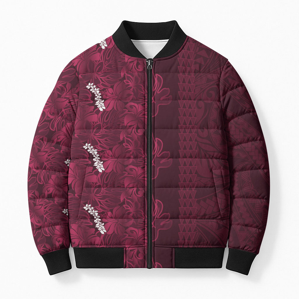 Burgundy Hibiscus Monstera Seamless Kakau Hawaii Bomber Puffer Jacket LT14 Unisex Burgundy - Polynesian Pride