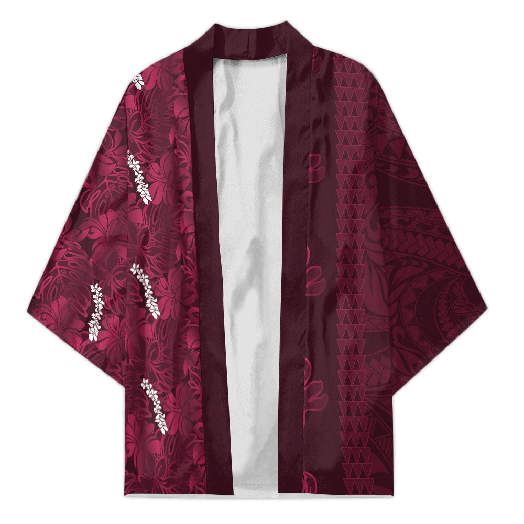 Burgundy Hibiscus Monstera Seamless Kakau Hawaii Kimono LT14 Unisex Burgundy - Polynesian Pride